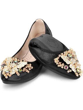 🆕 Women's Foldable Ballet Flats Black Gold Butterfly Rhinestone Shoes